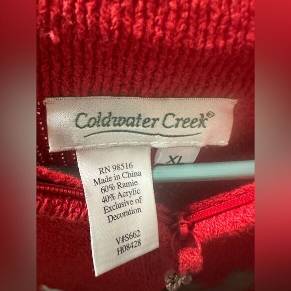 Coldwater Creek XL Red Cat Embellished Knit Cardigan Sweater Zip Front Festive - Picture 5 of 8